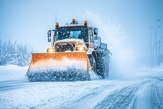 Fototapeta Snowplough in action  clearing roads after a winter storm for safe travel and accessibility