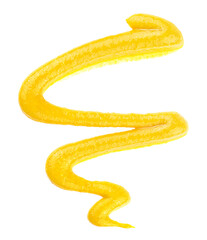 Spicy mustard sauce isolated on a white background, top view. Yellow mustard sauce splash.