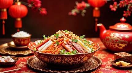 Fototapeta premium Traditional Chinese New Year salad. Traditional Asian Dish with Red Lanterns and Teapot on Ornate Table Setting