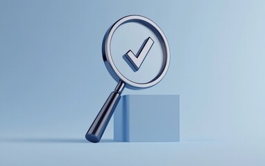 Zoomed-in checkmark under magnifying lens on blue, quality inspection and verification symbol