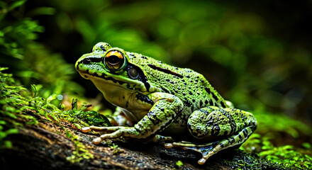 Fototapeta premium Vibrant Green Frog on Mossy Log in Lush Woodland Environment