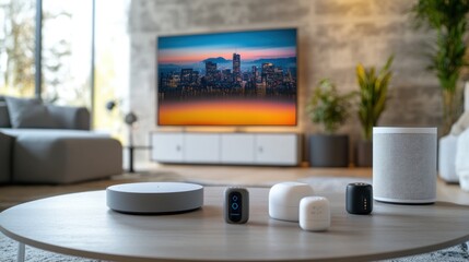 Modern living room with smart devices and a large TV displaying a cityscape.