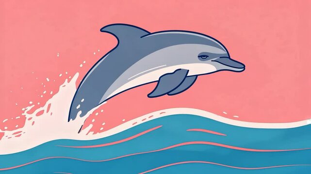 Playful Dolphin Jumping Over Waves Illustration on Pink Background