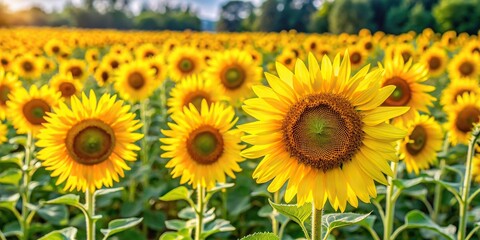 Obraz premium Vibrant yellow sunflower field with tall stems and bright blooms, field of flowers, landscape
