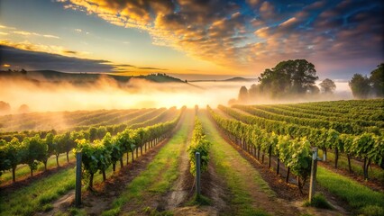 Fototapeta premium Vineyard at dawn with mist and fog rolling in over rows of wine grapes, mist, dewy grass, wine grapes, sun rising