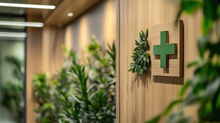 Fototapeta premium A modern interior featuring a green cross sign and lush plants, suggesting a wellness space.