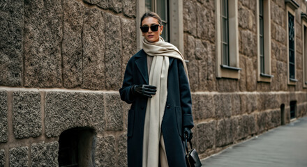 Stylish Woman in Winter Fashion with Coat and Scarf on Urban Street
