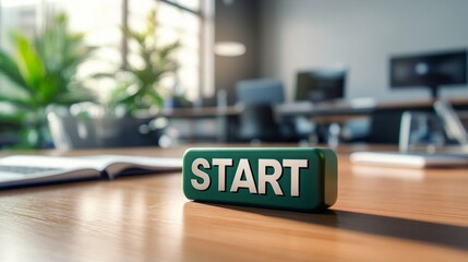 A green block with the word "START" written on it sits on a wooden desk in an office setting, signifying a fresh beginning or new opportunity.