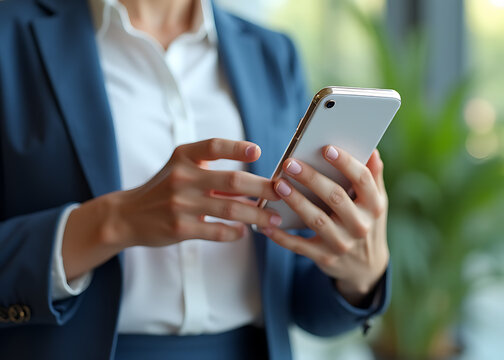 Modern office worker uses phone and apps to manage appointments, communicate with colleagues, and stay organized daily.