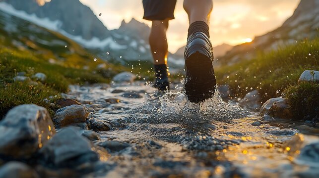 Close-up shot of the hikers feet in black socks with splashy water