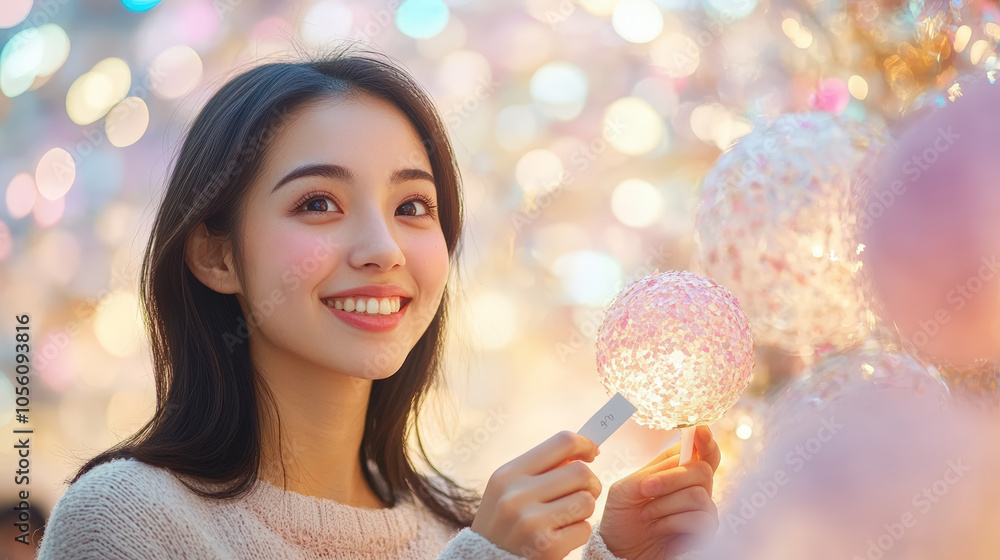 Aufkleber a woman smiling while holding a glowing orb, surrounded by a dreamy background of colorful bokeh lig