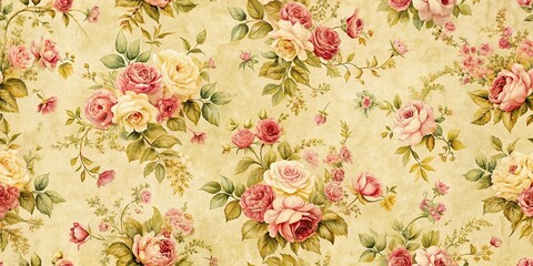 Vintage floral pattern with roses on a yellow background, shabby chic wallpaper style macro