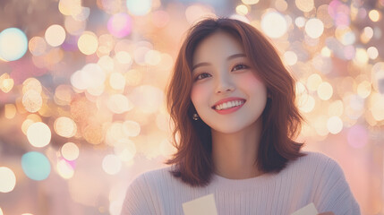 A woman smiling amidst a dreamy background of soft, colorful bokeh lights, creating a warm and joyful atmosphere.