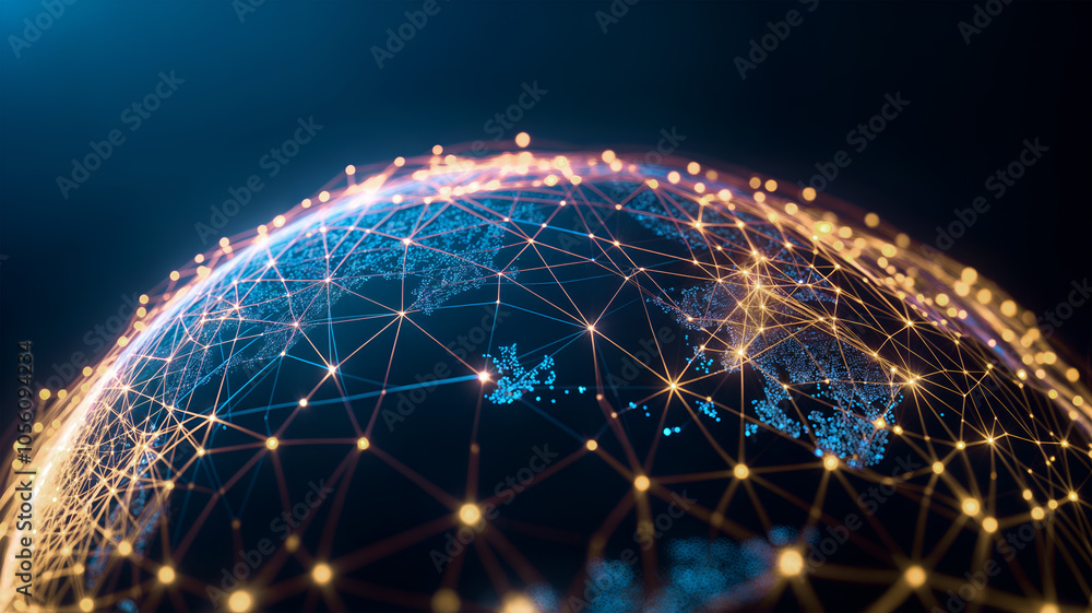 Poster abstract digital network of planet earth with yellow nodes and glowing lines.