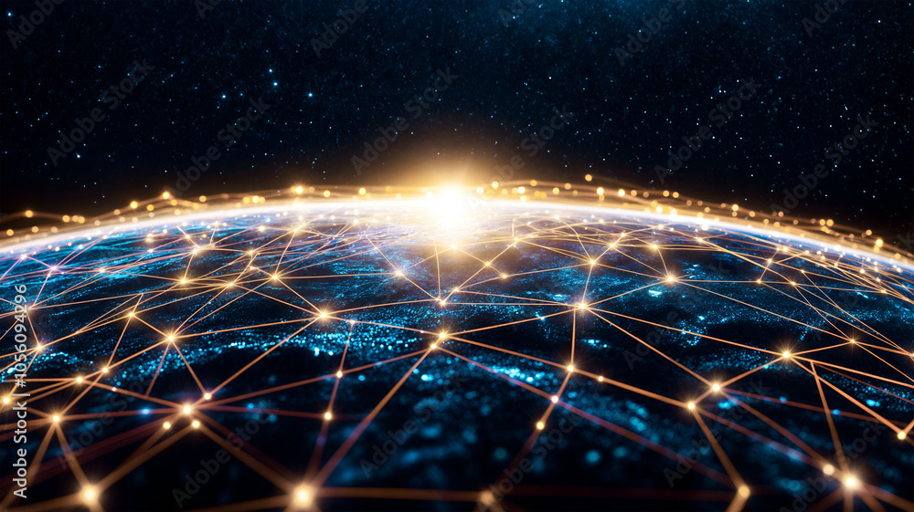 Poster abstract digital network of planet earth with yellow nodes and glowing lines.