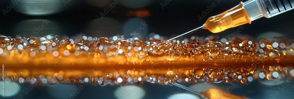 Poster a macro view of botulinum toxin being drawn into a syringe, with focus on the clear liquid and preci