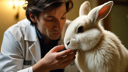 Veterinarian showing gentle care towards a rabbit, symbolizing animal rights