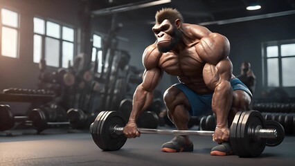 Naklejka premium Homo Habilis Working Out in Gym - A Fusion of Prehistory and Modern Fitness