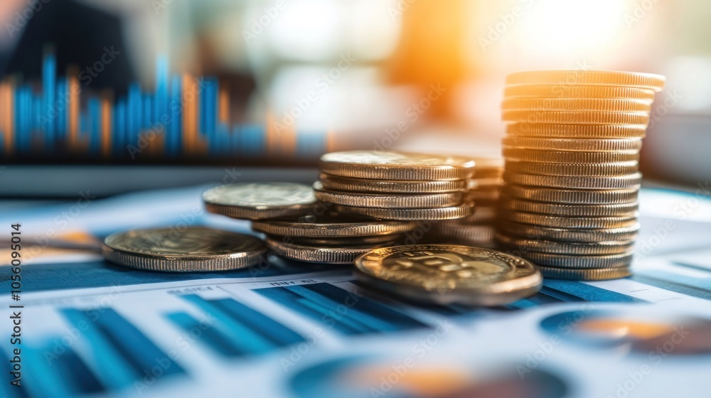 Poster stacks of coins on a financial report with a blurred background.
