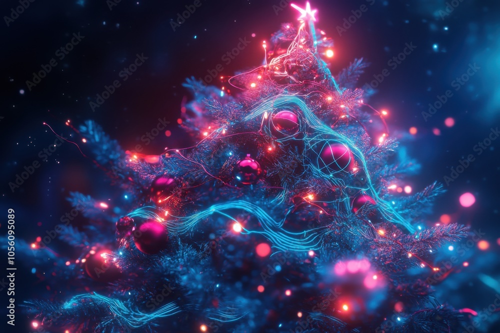 Aufkleber Abstract Christmas tree with stars, glowing garlands and cyberpunk style balls. The plot resembles space with planets in it