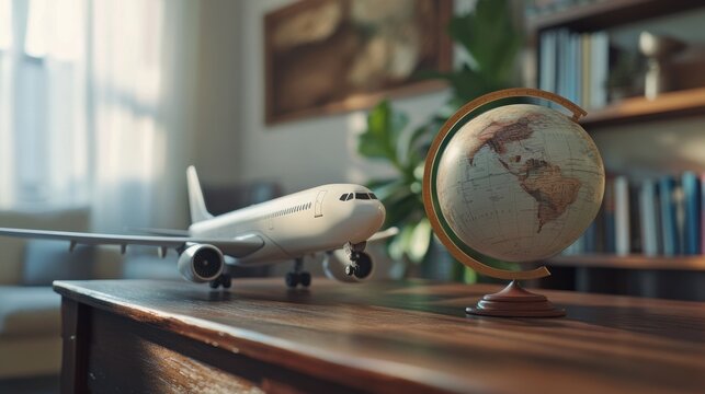 A model airplane and globe on a wooden table in a cozy room - Powered by Adobe