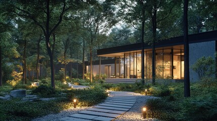 Fototapeta premium Contemporary home in a wooded area with path lights guiding through the trees to the entrance, subtle facade lighting highlighting the glass and metal design, 