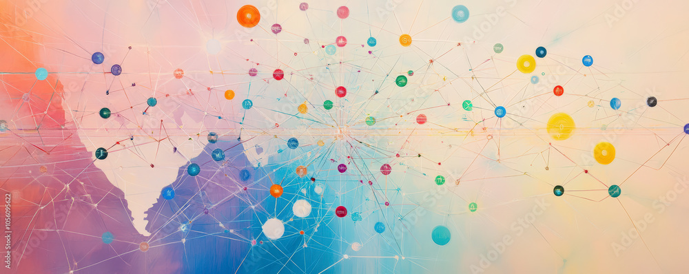 Poster colorful abstract artwork featuring interconnected geometric shapes and lines, creating a vibrant ne