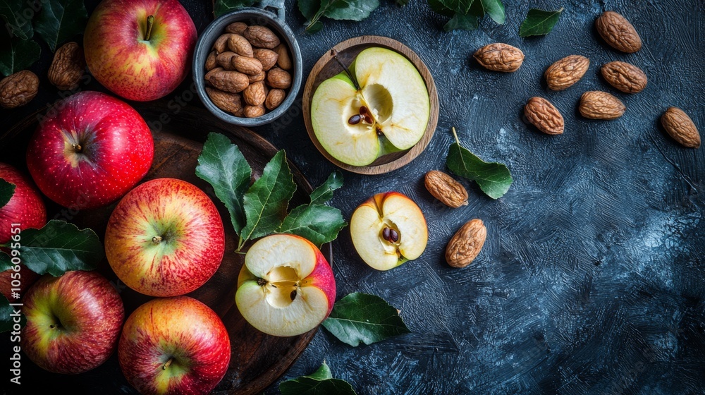 Poster rustic apples with nuts on dark textured surface
