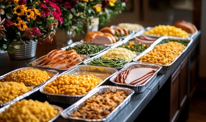 Obraz premium A Festive Buffet Spread Featuring a Variety of Side Dishes and Main Courses at a Family Gathering During the Autumn Season