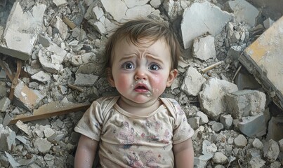 A scared child surrounded by rubble.