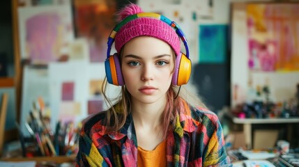 Fototapeta premium Young Woman Listening to Music with Colorful Headphones in Art Studio