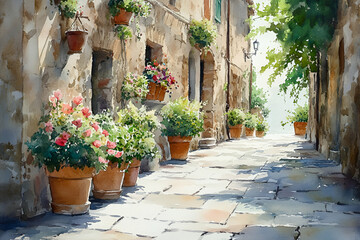 A charming cobblestone alley adorned with potted flowers, leading to a bright, serene landscape.