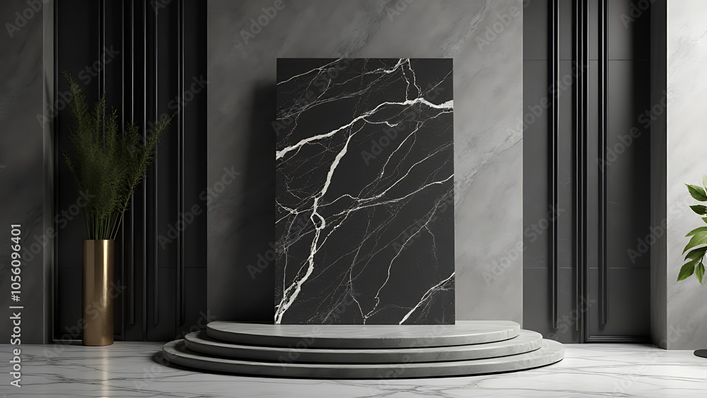Aufkleber Luxury background displays black marble product against geometric backdrop and empty pedestal in a stylish 3D rendering setting.