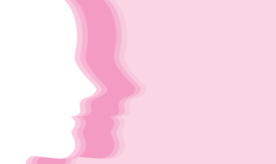 Female profile silhouette design in white and pink tones on pink flat background, delicate vector illustration and copy space