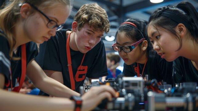 Diverse students collaborate on building a robot in a classroom workshop, learning about robotics, engineering, and coding for future stem fields - Powered by Adobe