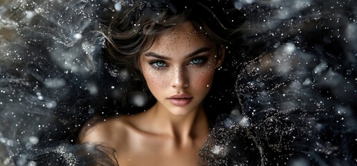 stunningly beautiful woman in a gorgeous chiffon black dress with glitter. magnificent close up portrait beautiful woman in luxurious fabrics. copy space