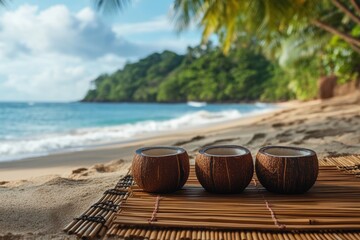 beach sound healing retreat, tranquil beach retreat with bamboo mats, coconut shell sound instruments resonating peacefully with the waves
