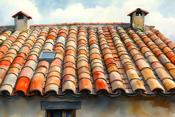 A terracotta-tiled roof showcases rustic charm, with a blend of earthy tones and soft clouds in the background, creating a warm and inviting atmosphere.