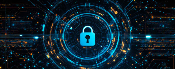 Blue padlock on digital tech circle background. Cyber security, data protection and encryption,...