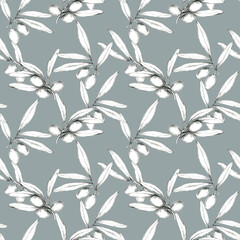 Olive branches and olives, sketched in pencil with a soft blue grey background. Detailed botanical Seamless pattern. This clipart is ideal for textiles, digital art, or home decor projects