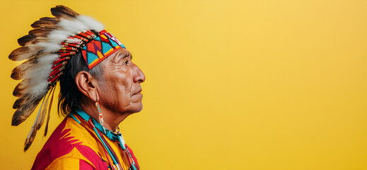 Side profile of a Native American elder in a feathered headdress on a vibrant yellow background