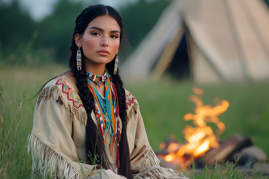 A young Native American woman sitting by campfire with teepee in the background