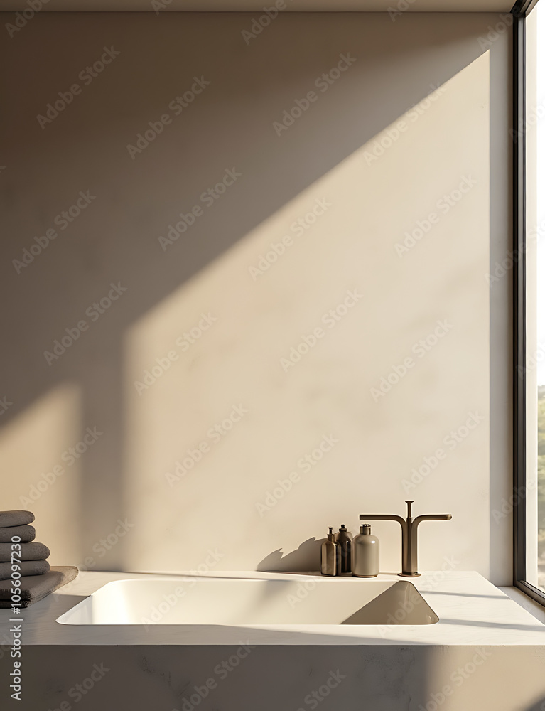 Poster Light falls on modern minimalist countertop with stucco texture wall in a luxurious setting.