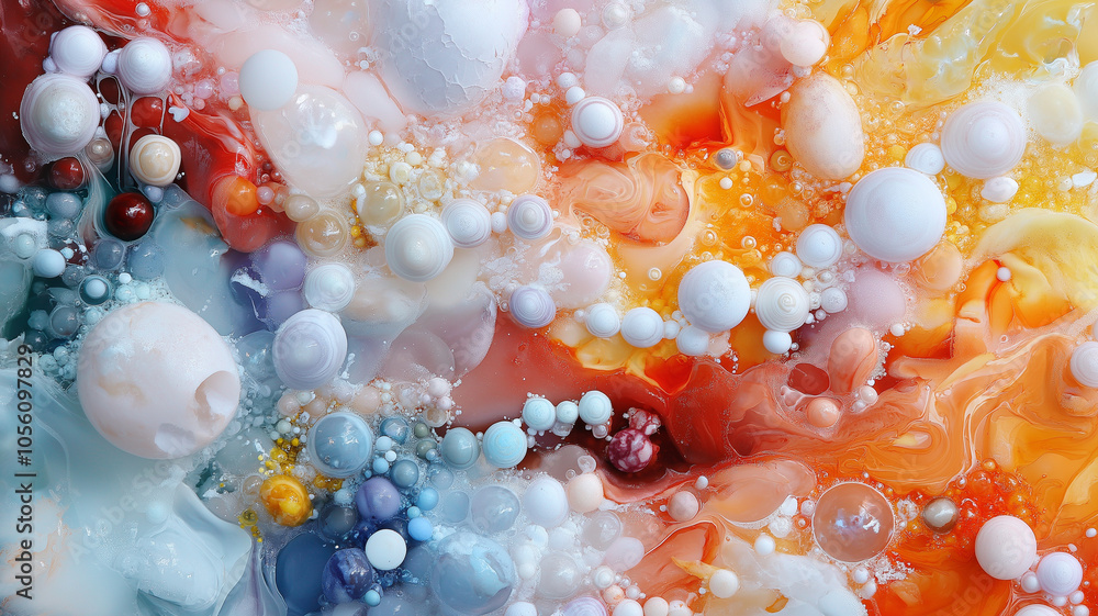 Poster colorful abstract art with vibrant swirls and bubbles creating dynamic composition