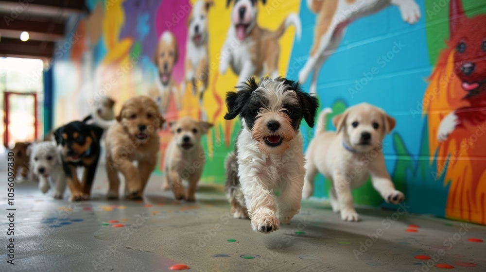 Poster group of adorable puppies are running towards the camera with a colorful mural in the background. th