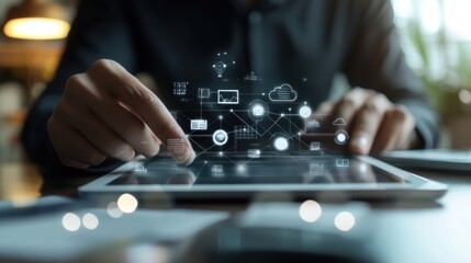 A person interacting with a tablet, displaying digital icons and data connections.
