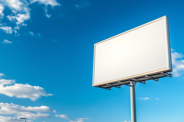 Fototapeta premium View of a white billboard sign with blue sky and clouds background 
