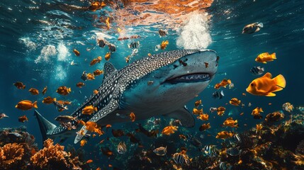 Fototapeta premium Whale shark gliding through a vibrant coral reef in tropical waters