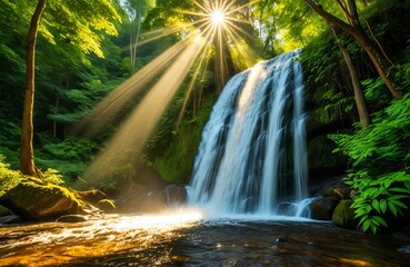 Fototapeta premium Sunlit waterfall in lush forest with verdant foliage and sunbeams