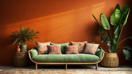 Photo of a brown and green living room filled with furniture and plants